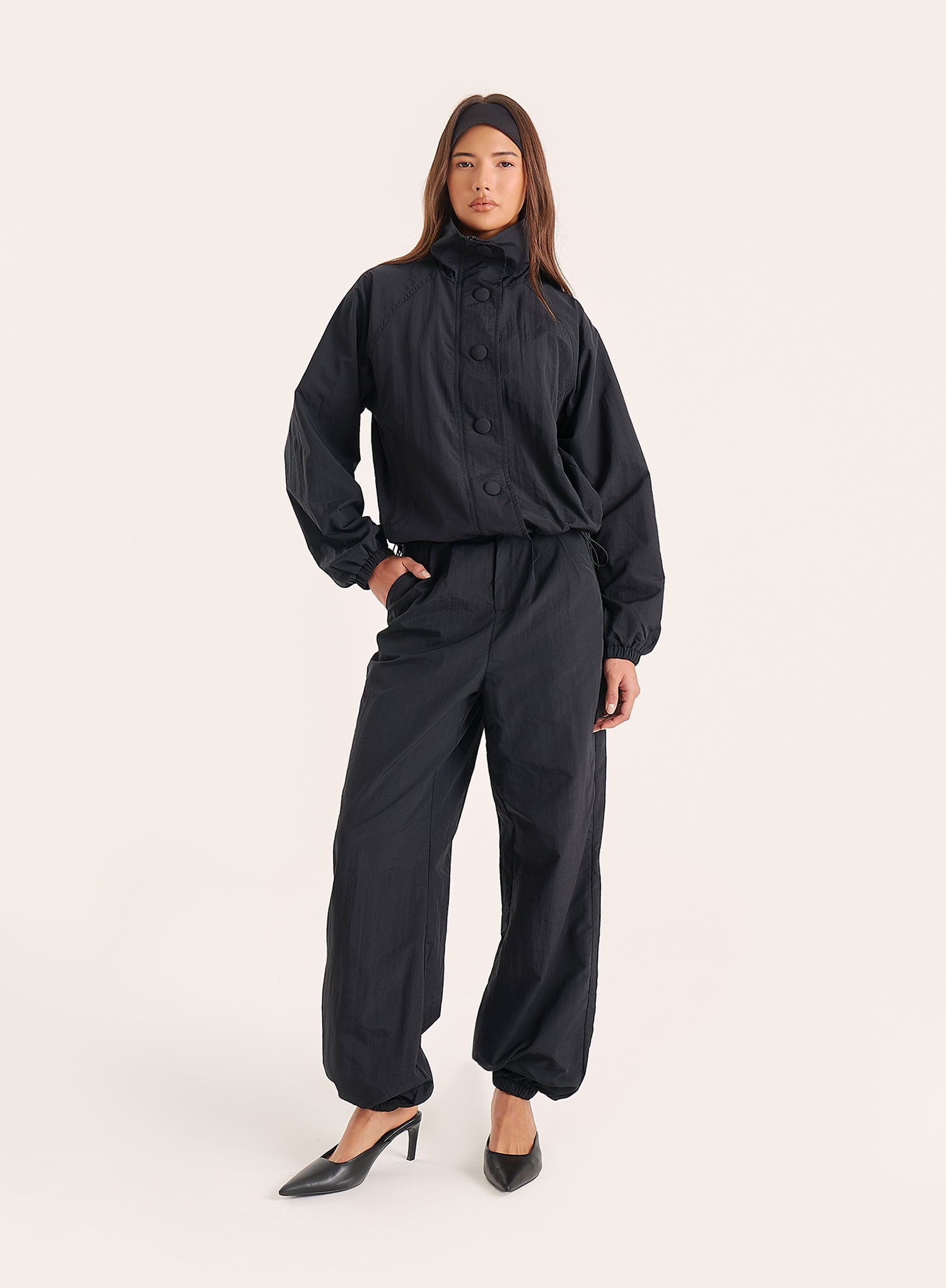 Black Funnel Neck Windbreaker Jacket